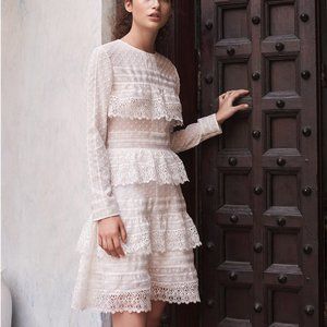 maje lace and swiss dot long sleeve dress